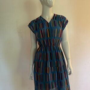 Vintage Blue Multicolor Striped Midi Dress